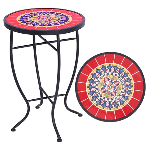 Elevon 14 Inch Round Side Ceramic Tile Top Indoor and Outdoor Accent Table Sun