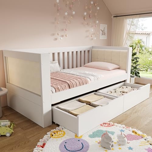 BNUZ Sofá cama blanco, 90 x 190 cm, 2 cajones, madera con reposabrazos redondeados, respaldo cómodo, fácil montaje, sin colchón