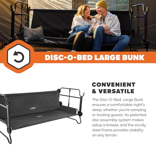 Image of Disc-O-Bed Large Outdoor Convertible 2 Person Bench and Double Camping Cot Portable Bed Bunk System for Adults, Black