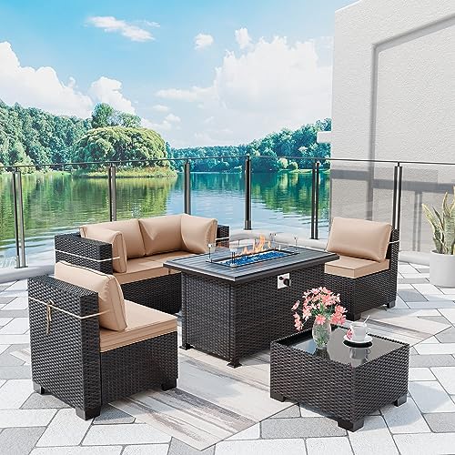 Outdoor Patio Furniture with Fire Pit Table, 6 Pieces Outdoor Furniture Patio Sectional Sofa PE Rattan Conversation Sets w/43 Propane Gas Firepit & Coffee Table for Outside - Brown.