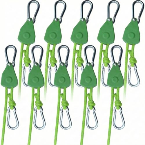 Image of 10 Pack 1 /8 inch Ratchet Tie Down Straps, 13 FT Longer, Adjustable Rope Hangers | Reinforced Metal Gear, Ratcheting Pulley System with 2 Carabiner Hooks for Hanging Plants, Grow Lights, Bulk Efficiency