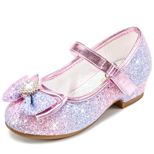 Furdeour Girls Dress Shoes Sparkly Shoes Girls Dress Heels Sequin Pumps Girl Size 12 Toddler Flats Little Kids Princess Pump Flower Mary Janes 7 Year Old Holiday Wedding (F2701 Lilac 12)