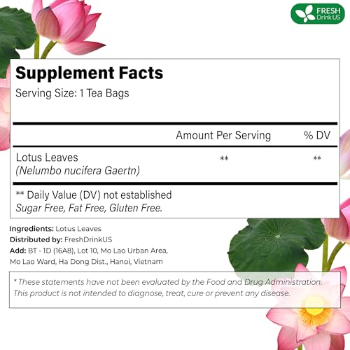 Image of FreshDrinkUS, Premium 75 Lotus Leaf Tea Bags, 100% Natural & Pure from Lotus Leaves. Loose Leaf Lotus Herbal Tea. Made with Eco-Conscious Tea Bags. No Sugar, No Caffeine, No Gluten, Vegan.