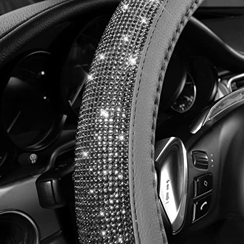 Image of CAR PASS Bling Diamond Leather Steering Wheel Cover, with Bling Sparkly Crystal Glitter Rhinestones Universal Fit 14 inch 1 /2-15 inch Car Wheel Protector for Women Girl Fit Suvs,Vans,Sedans,Cars,Trucks, Gray