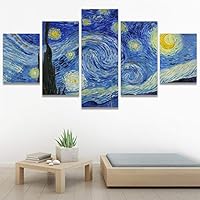 SIGNWIN 5 Panel Canvas Wall Art Starry Night by Vincent Van Gogh Abstract Plants Illustrations Impressionism Modern Panoramic Relax/Calm Multicolor for Living Room, Bedroom, Office - 60