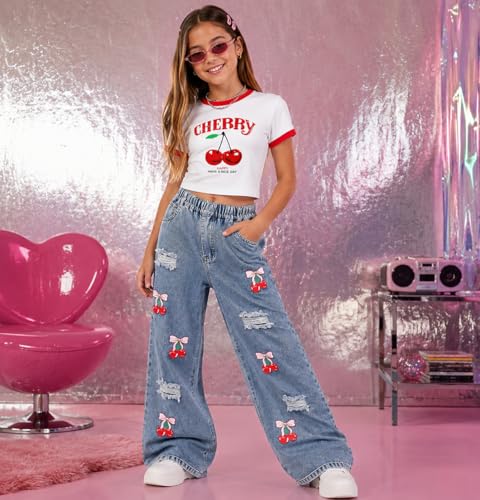 Image of Azmxynol Tween Girl Clothes Short Sleeve Top + Butterfly Design Jeans 2 Pieces Spring Summer Outfit Set, Size 6-14 Years