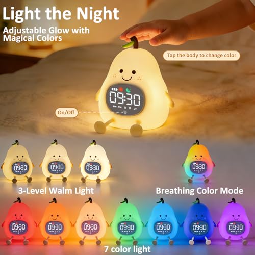 Image of Pear Alarm Clock with Night Light for Kids with Sleep Training Light and White Noise, Rechargeable Silicone Lamp OK to Wake Clock,Cute Tabletop Clock, Perfect Sleep Companion for Boys Girls