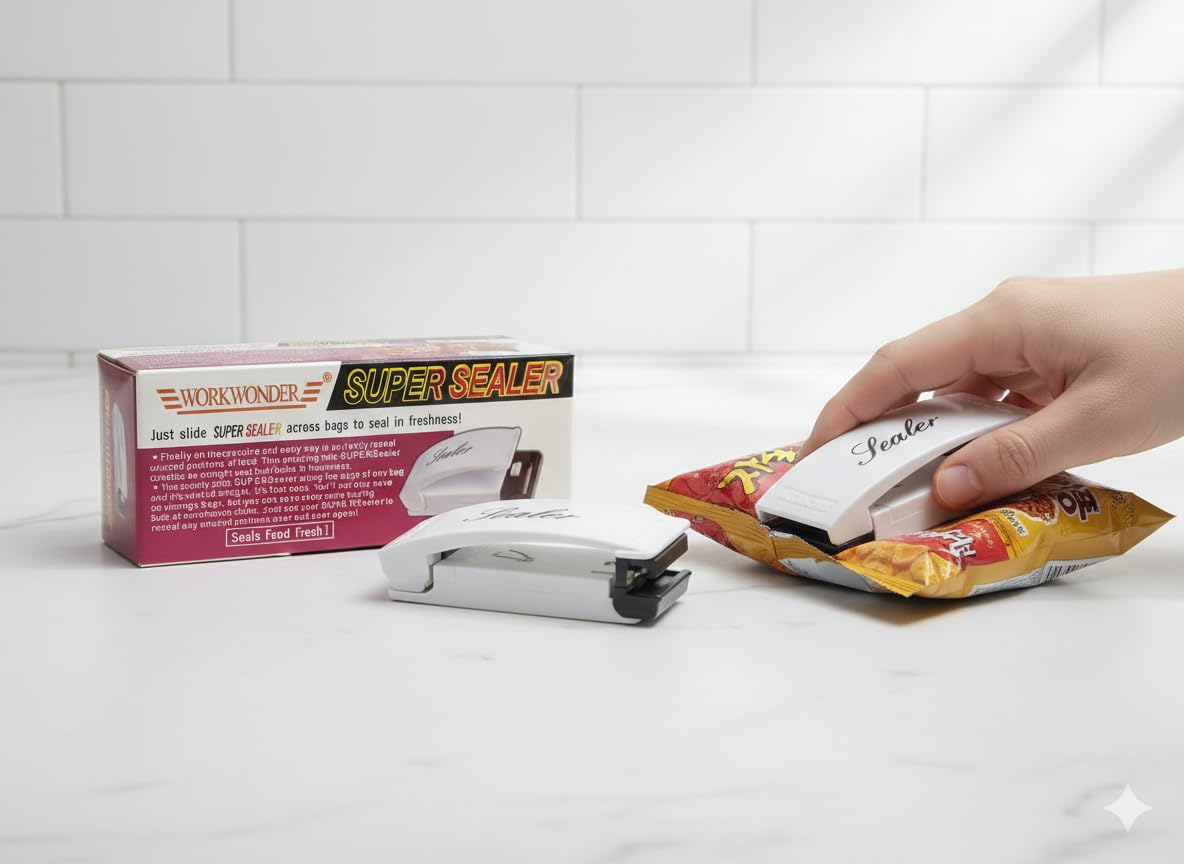 Work Wonder Super Sealer Portable Handheld Mini Heat Sealer, White, Battery Operated, Magnetic Base, One-Pull Operation-image-46