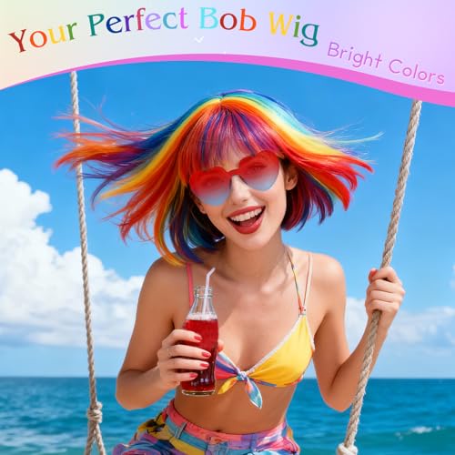 Image of PLULON Colorful Bob Wig with Heart Sunglasses for Women Men, Colorful Short Funny Bob Wigs with Bangs Black Hair Cap Colored Cosplay Hairpieces for Christmas Halloween Costume Neon Bachelorette Party