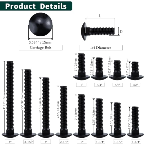 Image of 1 /4-20 x 2-1 /2 inch Black Steel Carriage Bolts, 304 Stainless Steel 18-8, Round Domed Head Square Neck Carriage Bolts Screws, Coarse Thread UNC, 20 PCS