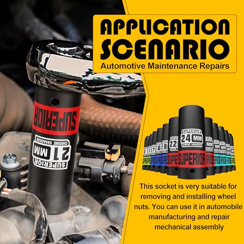 12-Piece 1/2 Drive Deep Impact Socket Set, Metric, 6 Point (8mm to 22mm) for Automotive and Machinery Maintenance