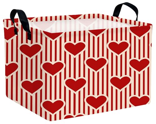 Image of Large Valentine's Day Basket Heart Shaped Storage Bin for Gifts Collapsible Organizer Room Decor (Vertical Bar Red Love)