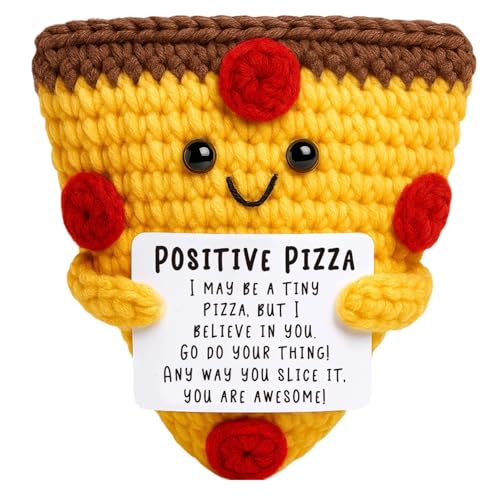 Lustige Positive Pizza Geschenke, Positive Geschenke, Hand Gestrickt Pizza, Gestrickte Puppe mit Positivitätskarte, Emotional Support Glücksgeschenk für Familie Freunde Und Geburtstagsgeschenke, Gelb