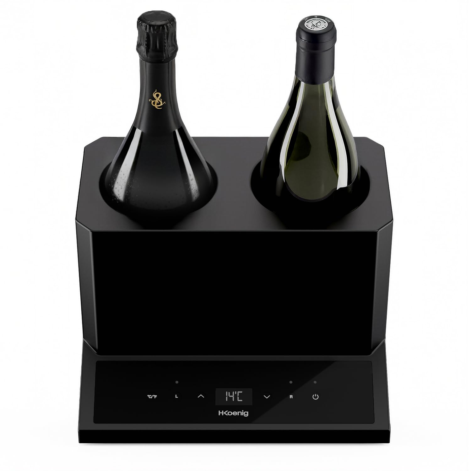 H.Koenig Raffreddatore vino LVX28, 2 bottiglie, vino bianco, rosso, rosato, spumante, champagne, fino a 9 cm di diametro, temperatura regolabile da 5°C a 18°C,controllo digitale,sistema termoelettrico
