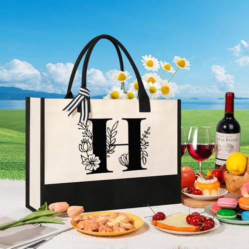 Image of Tecanne Personalized Initial Canvas Tote Bag, Suitable for Birthday, Wedding, Beach, Holiday, Gifts for Women, Mom, Teachers, Nurses, Best Friends, Bridesmaids (H)