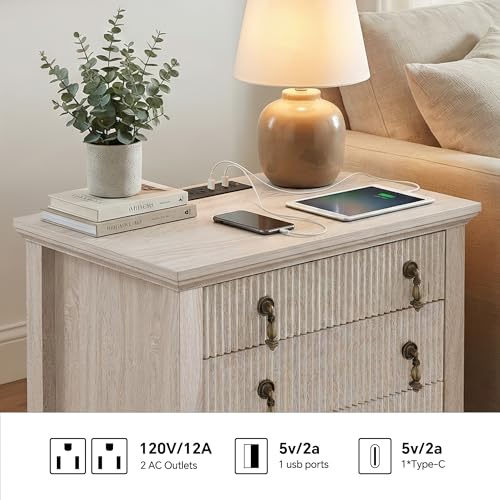 Image of FUSUNBAO Fluted Nightstand with Charging Station & 2 Drawers,Nature Oak | Vintage Bedside Table, 2 Fluted Drawers and Open Shelf, Rustic End Table, Power Outlet and USB Ports,End Table.bedroom