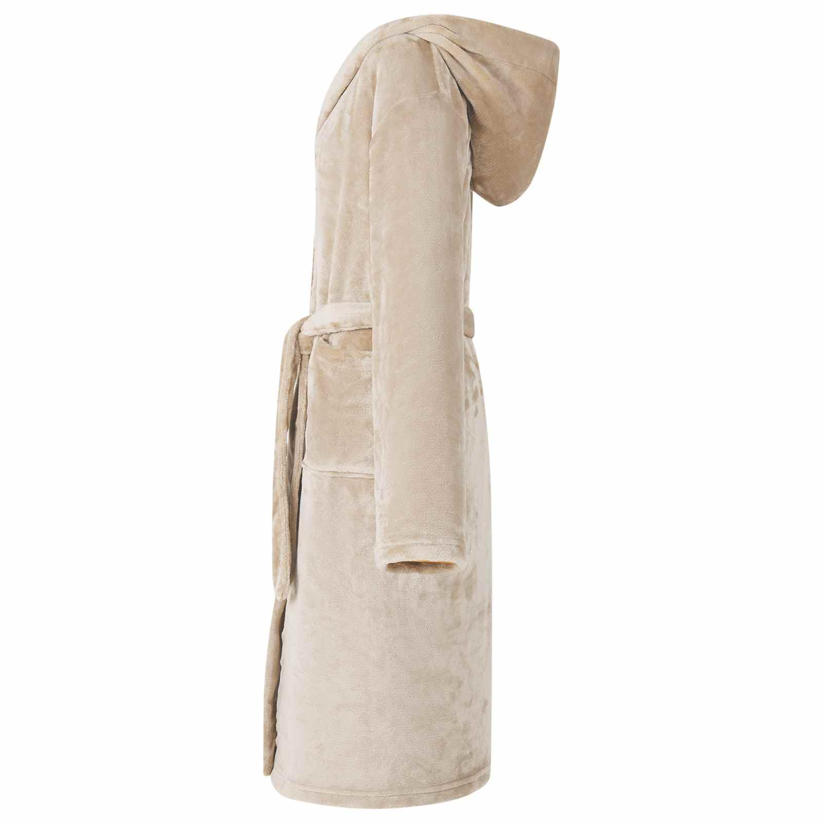 Beiger Flanell Bademantel Hoodie L für Zuhause, Loungewear, Freizeitanzug, bequem, atmungsaktiv, mit extra-warmem Kapuze, praktischen Taschen, leicht, für entspannte Abende und Reisen