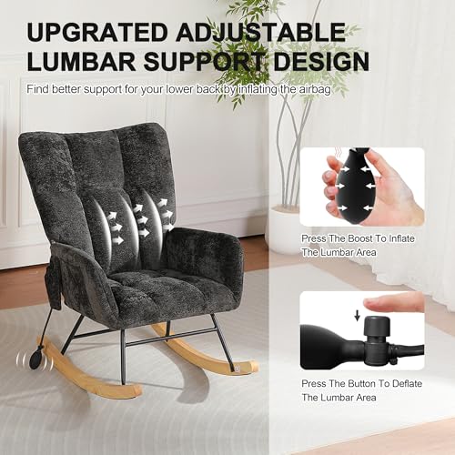 Image of Rocking Chair Nursery with Airbag, Comfy Modern Nursery Rocking Reading Chair Indoor, Cozy Upholstered Glider Rocker Chairs with High Backrest for Living Room Bedroom Offices(Chenille, Black)