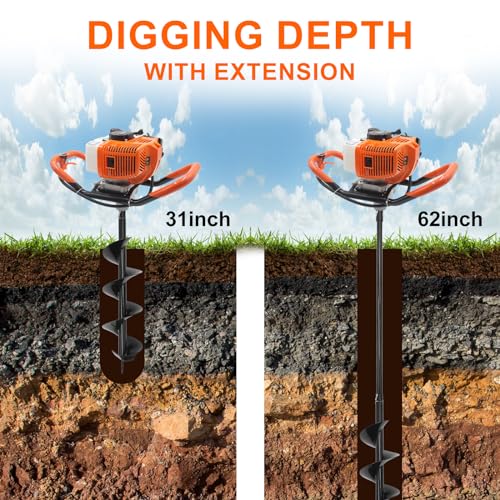 Image of 62CC Newly Upgraded Post Hole Digger Gas Powered, 2 Stroke Auger Post Hole Digger with 2 Drill Bits (6 inch & 8 inch) + 1 Extension Rod for Planting - Ideal for Farm & Garden - Orange (62 CC)
