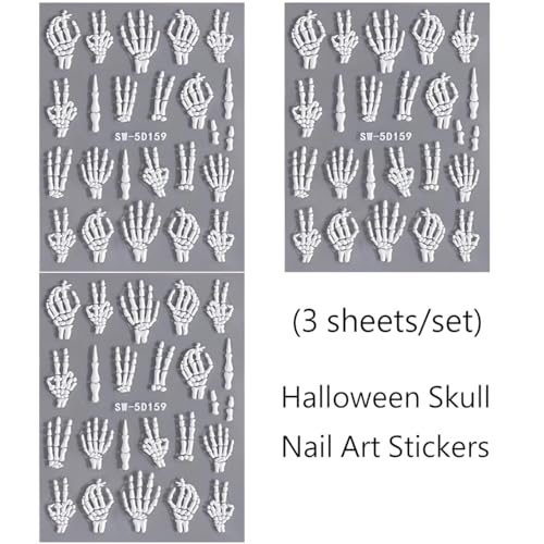 Halloween Skull Nail Art Stickers Skeleton Bones Nail Art Decals 3 Sheets 5D Embossed Finger Skull Nail Stickers Self-Adhesive Hand Bones Nail Sliders Halloween DIY Manicure Supplies for Women Girls - Image 7