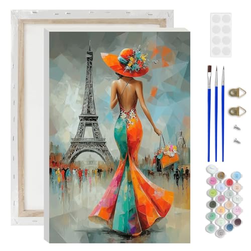 AIRDEA Femme élégante Peinture Numero Adulte, Tour Eiffel DIY Kit Activité Manuelle Peinture Acrylique, Peinture par Numero Adulte avec Pinceaux et...