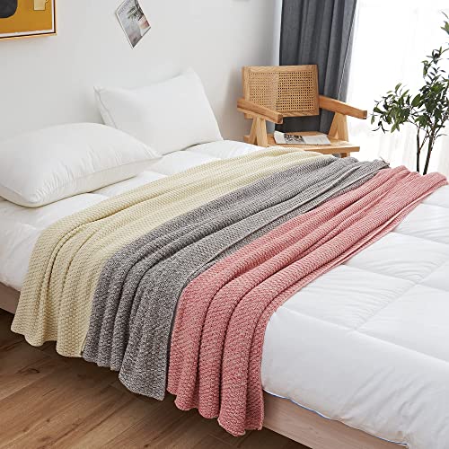 Longhui Bedding Dusty Pink Knitted Throw Blanket For Couch, Soft, Cozy Machine Washable 100% Cotton Sofa Knit Blankets, Heavy 2.8Lb Weight, 51 X 63 Inches, Pink And White Color, Laundry Bag Included #TOP5