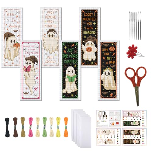 Image of FREEBLOSS 6pcs Cross Stitch Bookmark Kit for Adult Beginners Ghost Pattern Stamped Embroidery Bookmark Kits Bookmarks Craft Kit with Instructions 11CT 8''x2.4''