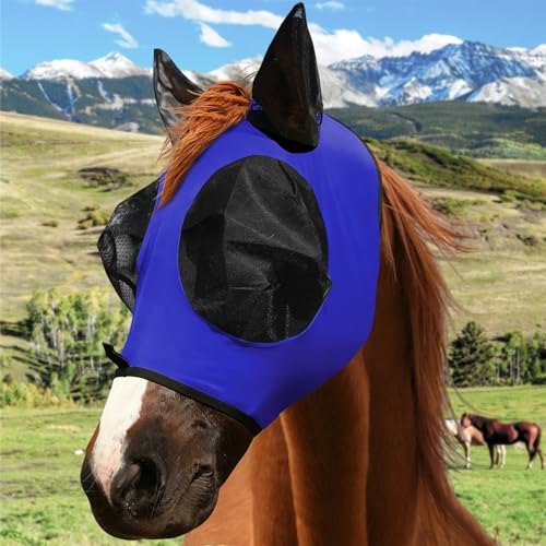 Horse Fly Mask with Forelock Opening Stretch,Horse Fly Mask Half Face with Ears, Full Face UV Protection for Horses, Breathable Fine Mesh Equine Fly Mask(Navy-M)
