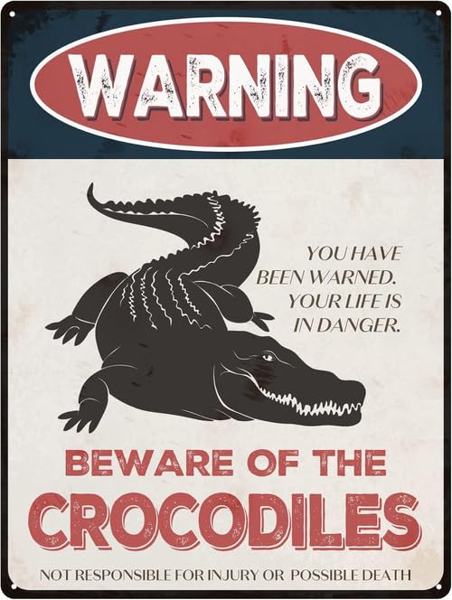 Horienteeon Crocodile Sign Beware of Crocodile Sign 14x20cm Aluminum Warning Signs for House Outdoor Club Yard Fence Funny Animal Signs for Wall Decor