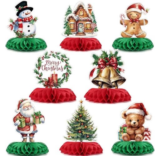BETESSIN 8pcs Decoración Mesa Navidad, Centros de Mesa de Navidad, Adorno Mesa de Panal Papá Noel Campanas Árbol de Navidad, Decoración Mesa Hogar Restaurante Escaparate Cafetería de Navidad