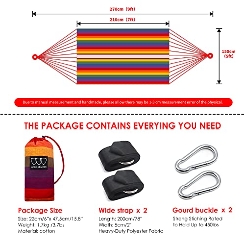 Gold Armour Hammock, Brazilian Style Hammock with Tree Straps for Hanging Durable Hammock, Portable Single Double Hammock for Camping Outdoor Indoor Patio Backyard (Rainbow) - Image 4