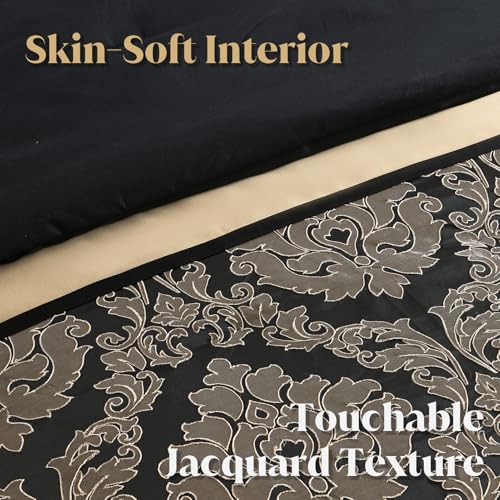 Image of CozyDH Black and Gold Jacquard Comforter Set King - 7 Piece Luxury Damask Medallion Patchwork Bed in a Bag, All Season Down Alternative Bedding with Bed Skirt, Shams, Decorative Pillows, 104x90 in