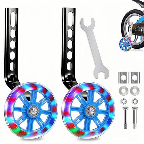 Stützräder für Kinderfahrräder,Hilfsräder für Kinderfahrräder,Mute Flash Räder mit Verstellbarem Fahrradstabilisator Kit für 12,14,16,18,20 Zoll Kinder Singlespeed Fahrrad Blau