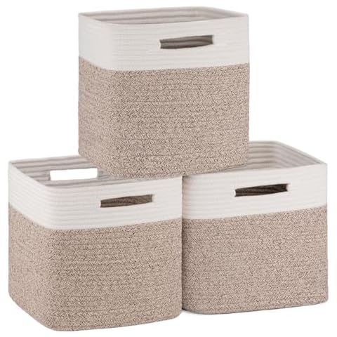 OIAHOMY Cube Storage Basket, 3-Pack Woven Cotton Rope Baskets for Storage, 11-Inch Cube Basket with Handles, Great for Shelves, Closets, Children's Toy Storage and Organization-White & Brown Cover