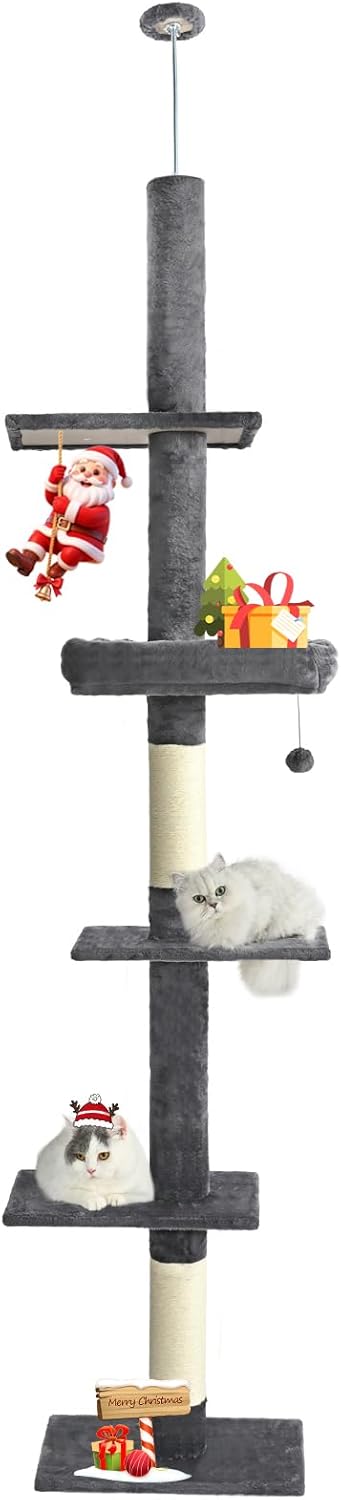 Floor to Ceiling Cat Tree, Adjustable Height 98-110 Inches, 5 Tiers with Cozy Bed and Sisal Scratching Posts, Gray
