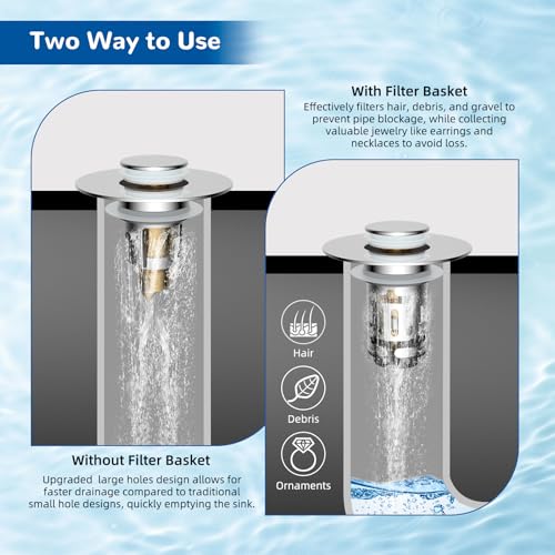 Hibbent Upgraded 3 in 1 Bathroom Sink Drain Strainer, Pop Up Stopper - image 4