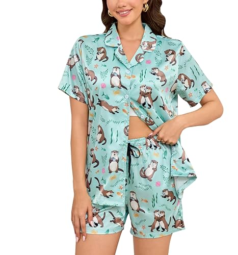 Image of Funny Satin Pajamas Set for Women Button Down Sleepwear Print Pjs Set 2 Piece Short Sleeve Loungewear Gift for Women