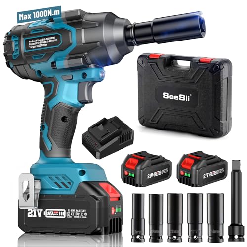 seesii 1000 n.m clé à chocs sans fil brushless, 1/2 pouce boulonneuse a choc electrique avec 2x4.0ah batterie, chargeur rapide, visseuse à choc avec 5 douilles pour la voiture et la maison
