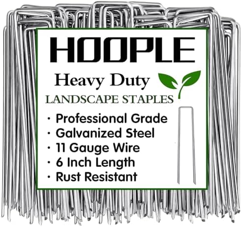 HOOPLE 100 Pack 6 Inch 11 Gauge Heavy Duty Galvanized Landscape Staples, Garden Stakes & Sod Pins for Securing Weed Barrier Fabric, Landscape Fabric, Hoses, Netting & Outdoor Decorations