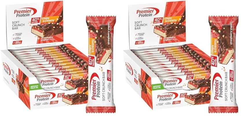 Premier Protein Soft Crunch Bar 40% Protein Strawberry Yogurt 12x40g - Bajo en azúcar + Bajo en carbohidratos + Sin aceite de palma (Paquete de 2)