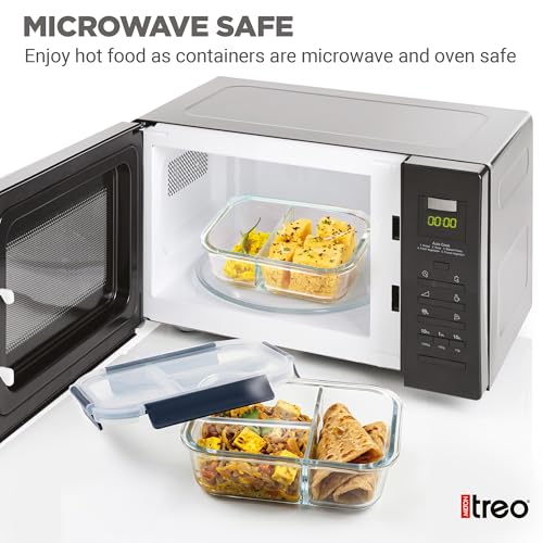 Image of Treo by Milton Clip Fresh Rectangle 3-Compartment Glass Container 1000 ml| High Borosilicate Glass | Airtight & Leak-Proof | Microwave & Fridge Safe | Ideal for Meals, Snacks & Fruits, Transparent