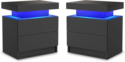 Juego de 2 mesas auxiliares LED modernas con almacenamiento, mesas auxiliares de 20.5 pulgadas de alto, juego de 2 con 2 cajones, muebles LED para