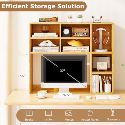Image of Tangkula Desktop Bookshelf, 37 inch Countertop Storage Hutch with 7 Cubes & 3 Adjustable Shelves, 3-Tier Desk Display Rack Organizer, Multipurpose Wood Desktop Hutch for Dorm Home Office (Burlywood)