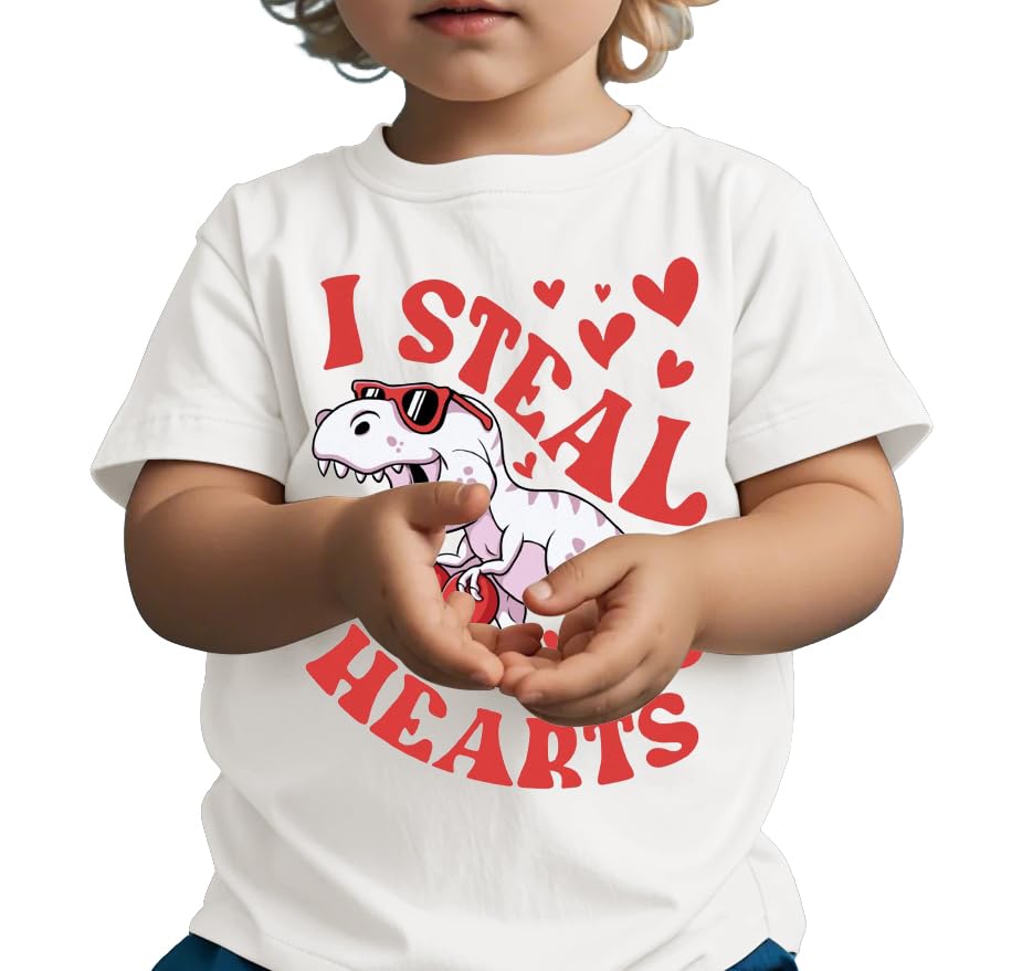 Valentines Shirts for Boys Girls Kids Toddler Valentines T-Shirts Short Sleeve Cute Love Heart Valentine's Tee Funny Dinosaur Steal Hearts Tops White-b