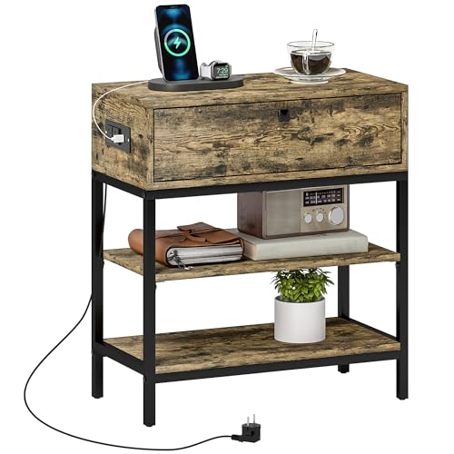 HOMCOM Mesa Auxiliar con Estación de Carga Mesita Auxiliar Industrial con Cajón y Estantes Abiertos Mesa Auxiliar para Salón Dormitorio Marrón Rústico