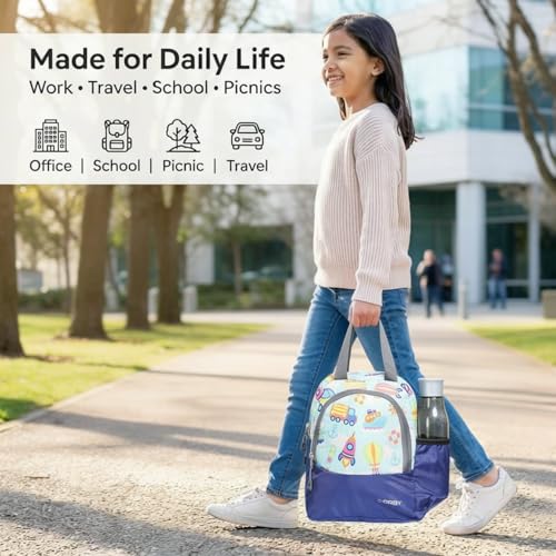 Image of ORBY Lunch Bag Car Balloon Blue | Water-Repellent Durable Fabric | Tiffin Bag with Bottle Holder & Front Pocket | Strong Zipper & Spacious Meal Storage (Car and Balloon Pattern, Blue)