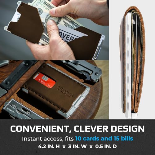 Image of Trayvax Venture Billfold Wallet, Front Pocket Money and Credit Card Holder, Minimalist Slim Leather Metal Wallet for Men and Women, Riveter Brown, Billfold