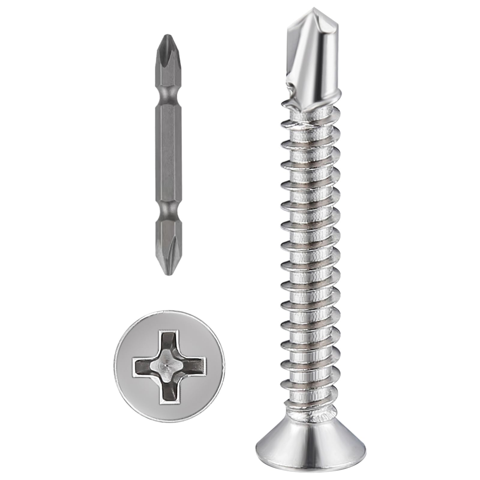 Wensilon?250pcs?#8×1-1/4”for Sheet Metal Self-Tapping Screws 410 Stainless Steel Flat Head High-Strength Quick self-Drilling Screws