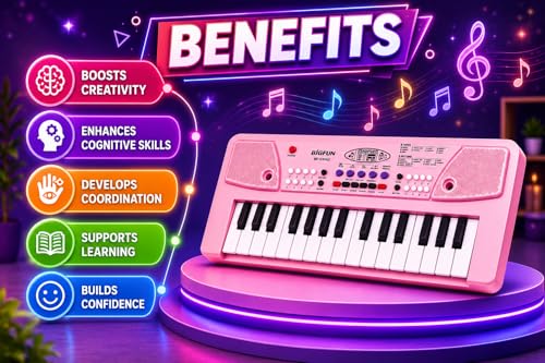 Image of Braintastic Kids Piano Keyboard with Microphone, 37 Keys, 8 Rhythms, 8 Tones with 6 in-Built Demos & Song Recording Feature for Boys & Girls (Pink)