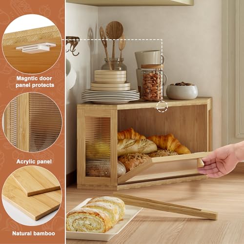 Image of WOWLIVE Corner Bread Box for Kitchen Countertop, Bamboo Bread Storage Container, Large Farmhouse Bread Holder with Acrylic Wavy Door Panel, Multi-functional Container, Natural